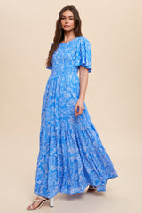 Blue Floral Flounce Sleeve Maxi Dress