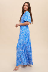 Blue Floral Flounce Sleeve Maxi Dress