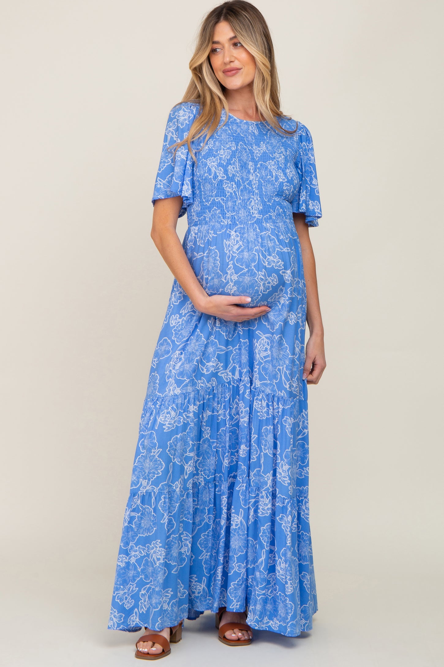 Blue Floral Chiffon Maternity Plus Maxi Dress– PinkBlush