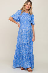 Blue Floral Flounce Sleeve Maternity Maxi Dress