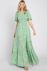 Light Green Floral Flounce Sleeve Maxi Dress