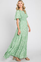 Light Green Floral Flounce Sleeve Maxi Dress