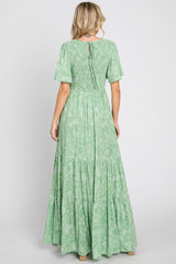 Light Green Floral Flounce Sleeve Maxi Dress