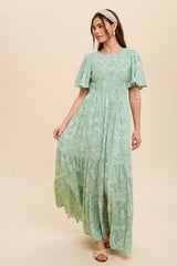 Light Green Floral Flounce Sleeve Maxi Dress