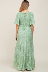 Light Green Floral Flounce Sleeve Maternity Maxi Dress