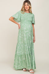 Light Green Floral Flounce Sleeve Maternity Maxi Dress