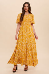 Yellow Floral Flounce Sleeve Maxi Dress