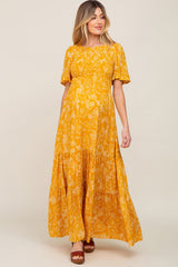 Yellow Floral Flounce Sleeve Maternity Maxi Dress