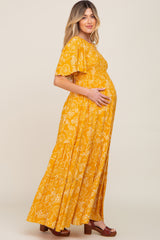 Yellow Floral Flounce Sleeve Maternity Maxi Dress