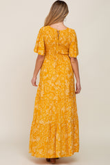 Yellow Floral Flounce Sleeve Maternity Maxi Dress