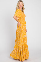 Yellow Floral Flounce Sleeve Maxi Dress