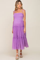 Lavender Smocked Mesh Maternity Midi Dress