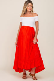 Red Ruffle Hem Maternity Maxi Skirt