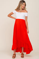 Red Ruffle Hem Maternity Maxi Skirt