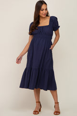 Navy Puff Sleeve Ruffle Hem Maternity Midi Dress