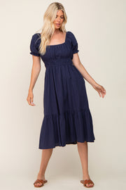 Navy Puff Sleeve Ruffle Hem Midi Dress