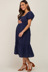 Navy Puff Sleeve Ruffle Hem Maternity Midi Dress