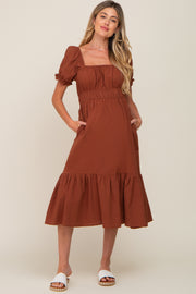 Camel Puff Sleeve Ruffle Hem Maternity Midi Dress