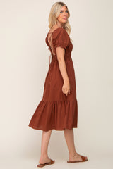 Camel Puff Sleeve Ruffle Hem Maternity Midi Dress