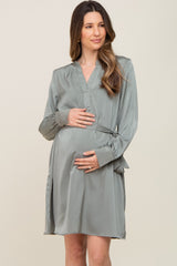 Sage Silky Sash Tie Maternity Dress