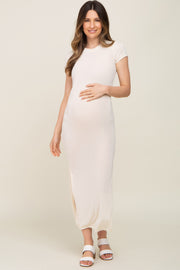 Cream Short Sleeve Side Slit Maternity Maxi