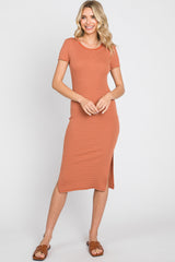 Rust Striped Side Slit Fitted Midi Dress