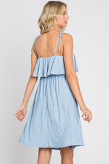 Light Blue Ruffle Overlay Shoulder Tie Dress