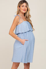 Light Blue Ruffle Overlay Shoulder Tie Maternity Dress