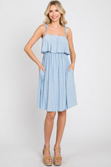 Light Blue Ruffle Overlay Shoulder Tie Dress