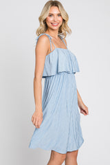 Light Blue Ruffle Overlay Shoulder Tie Dress