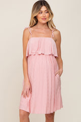 Light Pink Ruffle Overlay Shoulder Tie Maternity Dress