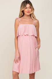 Light Pink Ruffle Overlay Shoulder Tie Maternity Dress