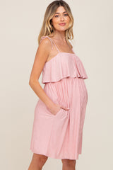 Light Pink Ruffle Overlay Shoulder Tie Maternity Dress