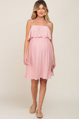 Light Pink Ruffle Overlay Shoulder Tie Maternity Dress