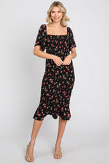 Black Floral Smocked Ruffle Hem Maternity Dress