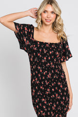 Black Floral Smocked Ruffle Hem Dress