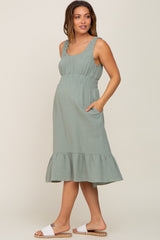 Light Olive Gauze Smocked Waist Lettuce Trim Maternity Midi Dress