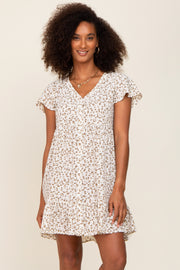 Ivory Floral Button Front Ruffle Dress