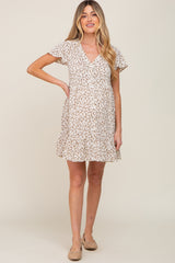 Ivory Floral Button Front Ruffle Maternity Dress