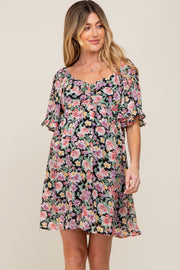 Black Floral Chiffon Sweetheart Neck Short Ruffle Sleeve Maternity Dress