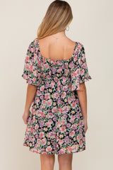 Black Floral Chiffon Sweetheart Neck Short Ruffle Sleeve Maternity Dress