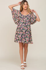 Black Floral Chiffon Sweetheart Neck Short Ruffle Sleeve Maternity Dress