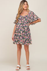 Black Floral Chiffon Sweetheart Neck Short Ruffle Sleeve Maternity Dress