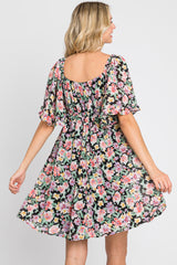 Black Floral Chiffon Sweetheart Neck Short Ruffle Sleeve Dress