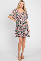 Black Floral Chiffon Sweetheart Neck Short Ruffle Sleeve Dress