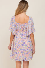 Peach Floral Chiffon Sweetheart Neck Short Ruffle Sleeve Maternity Dress