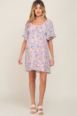 Peach Floral Chiffon Sweetheart Neck Short Ruffle Sleeve Maternity Dress