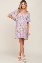 Peach Floral Chiffon Sweetheart Neck Short Ruffle Sleeve Maternity Dress