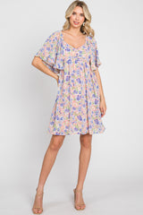 Peach Floral Chiffon Sweetheart Neck Short Ruffle Sleeve Dress