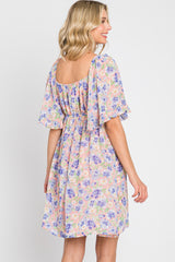 Peach Floral Chiffon Sweetheart Neck Short Ruffle Sleeve Dress